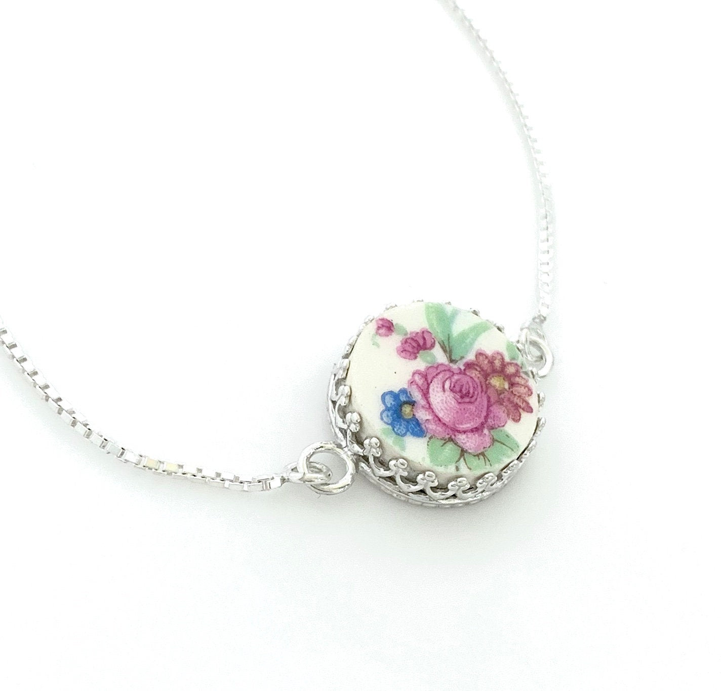 Silver Rose and Forget Me Not Adjustable Bolo Bracelet, Vintage Broken China Jewelry, Unique Christmas Stocking Stuffers Gifts for Women