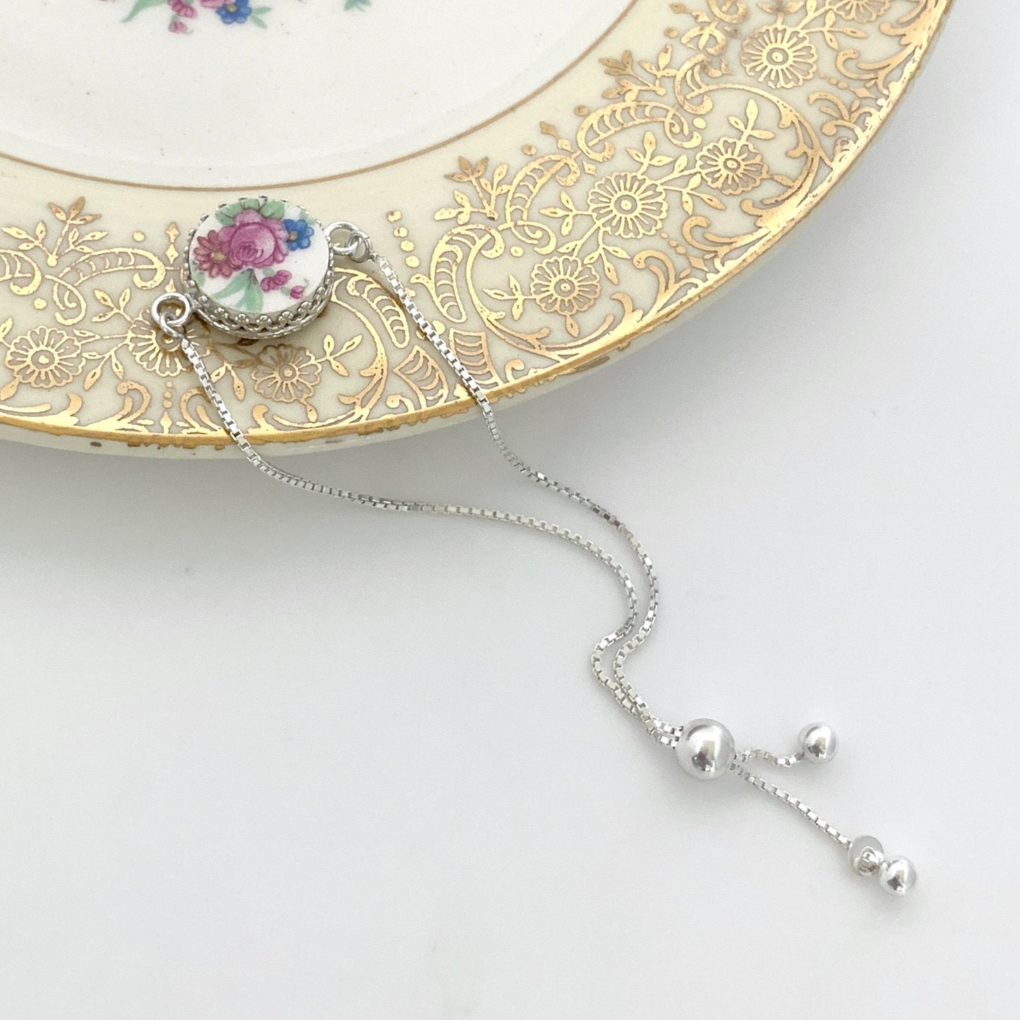 Silver Rose and Forget Me Not Adjustable Bolo Bracelet, Vintage Broken China Jewelry, Unique Christmas Stocking Stuffers Gifts for Women