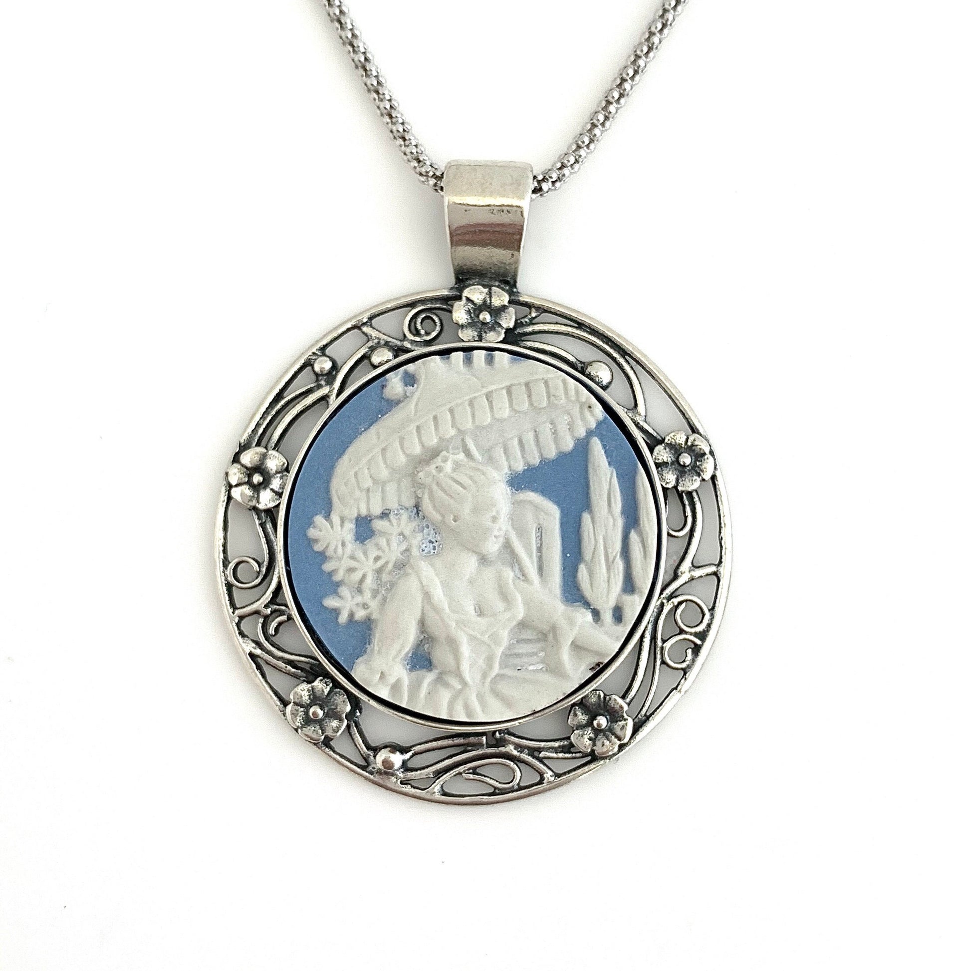 Blue Wedgwood Jasperware Cameo, Wedgwood Jewelry, Sterling Silver Pendant Necklace, Broken China Jewelry