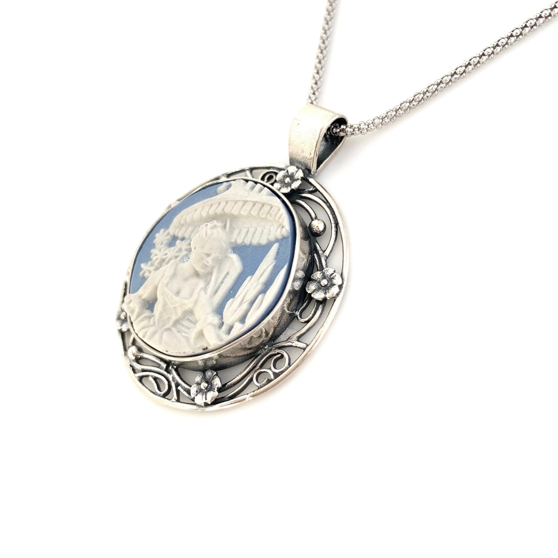 Blue Wedgwood Jasperware Cameo, Wedgwood Jewelry, Sterling Silver Pendant Necklace, Broken China Jewelry