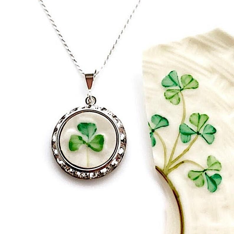 Irish Jewelry, St Patricks Day Crystal Necklace, Repurposed Belleek Broken China Jewelry, Anniversary Gift for Wife