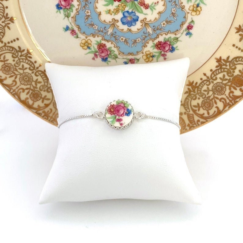 Silver Rose and Forget Me Not Adjustable Bolo Bracelet, Vintage Broken China Jewelry, Unique Christmas Stocking Stuffers Gifts for Women