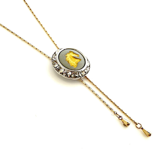 Wedgwood Horse Cameo, Lariat Crystal Necklace, Broken China Jewelry, Unique Equestrian Gifts for Women,