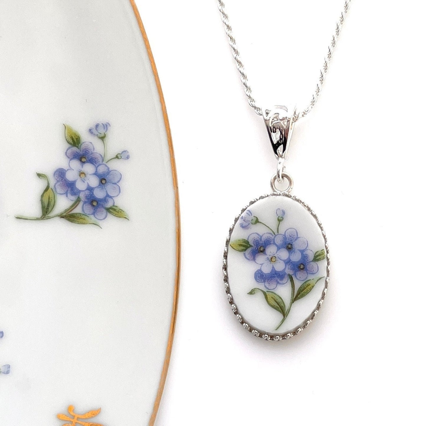 Forget Me Not Flower Necklace, Vintage Porcelain, Traditional 18th Wedding Anniversary Gift for Wife, Unique and Repurposed Plate Jewelry