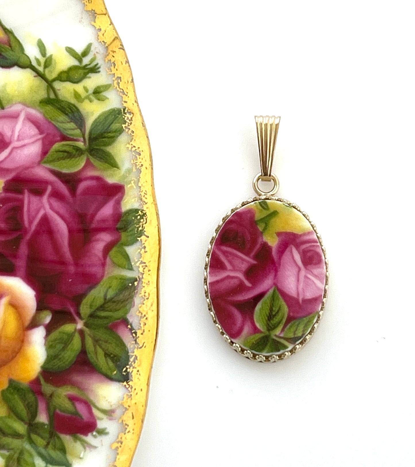 14k Gold Rose Pendant Necklace, Royal Albert Old Country Roses, Broken China Jewelry, 20th Anniversary Gift for Wife, Solid Gold Jewelry