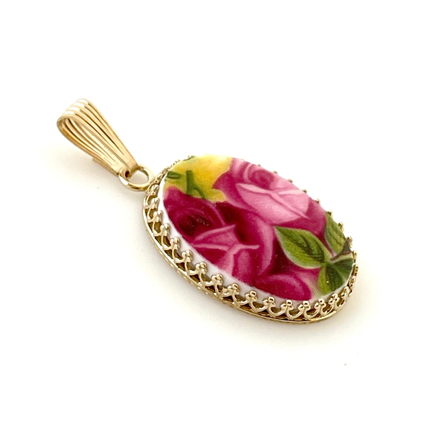 14k Gold Rose Pendant Necklace, Royal Albert Old Country Roses, Broken China Jewelry, 20th Anniversary Gift for Wife, Solid Gold Jewelry