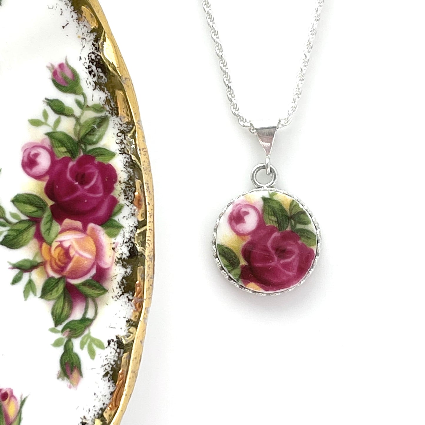 Red Rose Necklace, Royal Albert Broken China Jewelry, 20th Anniversary Gift for Wife, Handmade Jewelry, Unique Gifts for Women