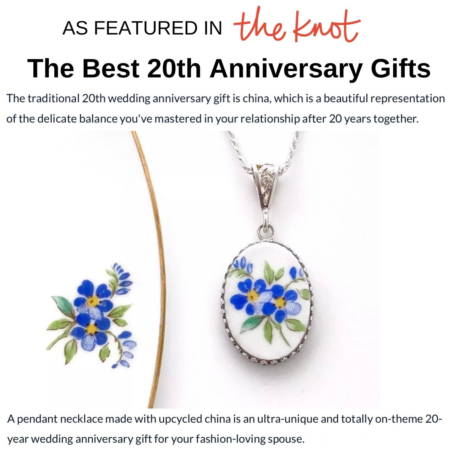 Forget Me Not Necklace, Broken China Jewelry, Handmade Jewelry, 20th Anniversary Gift for Wife, Unique Repurposed China Jewelry Gift