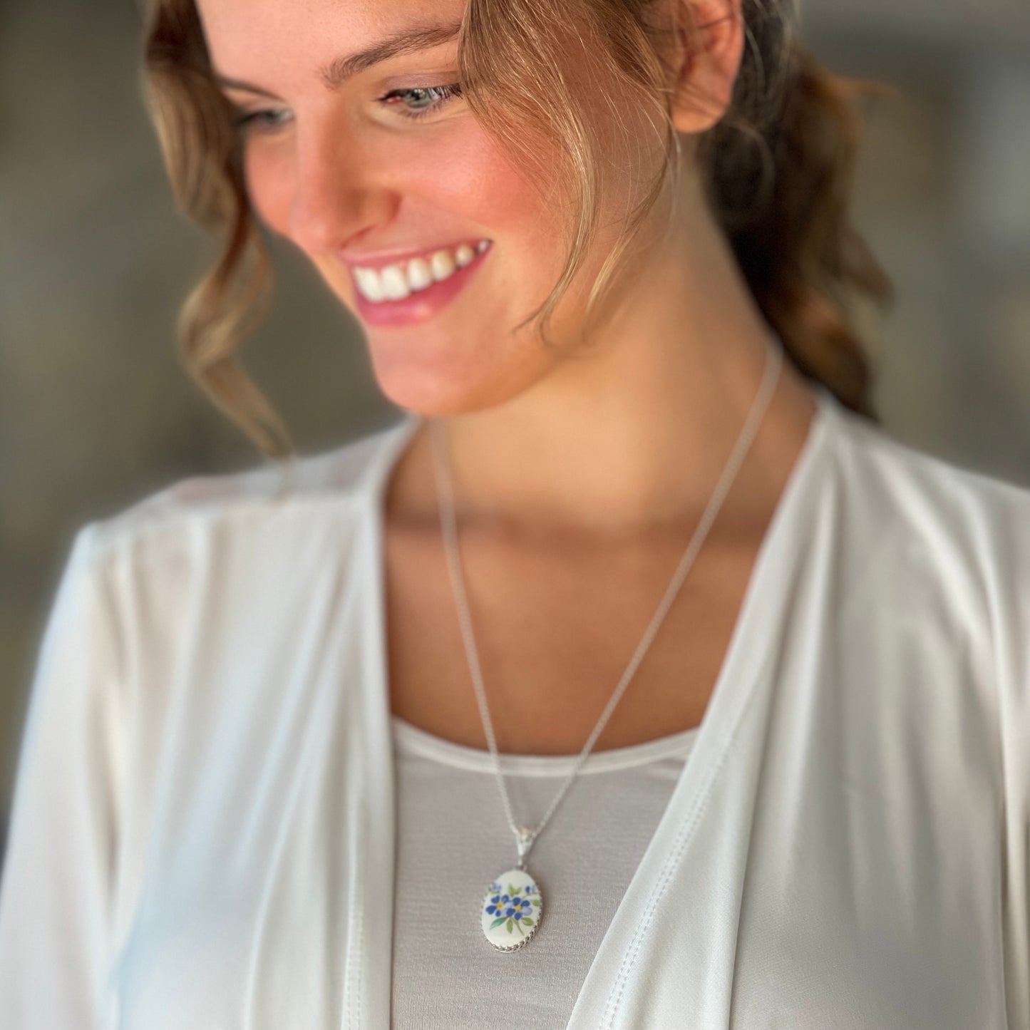 Forget Me Not Flower Necklace, Vintage Porcelain, Traditional 18th Wedding Anniversary Gift for Wife, Unique and Repurposed Plate Jewelry