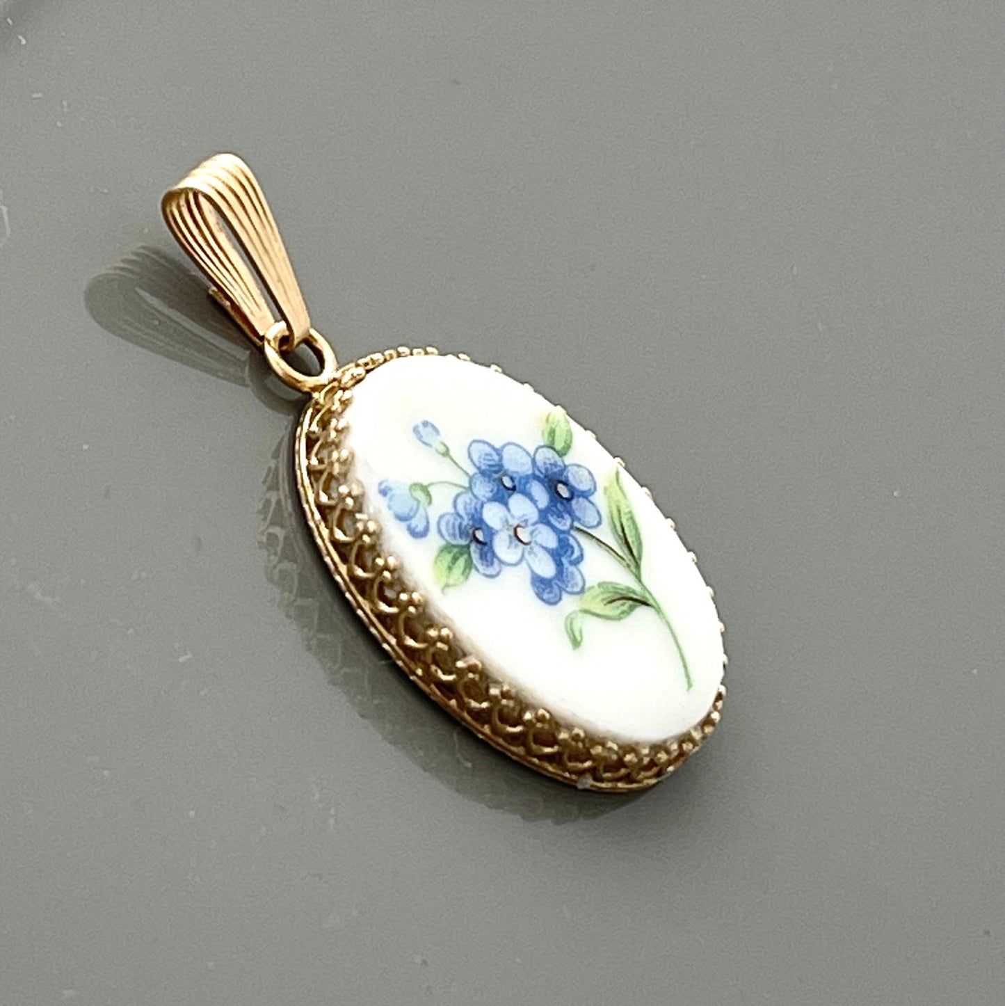14k Forget Me Not Solid Gold Pendant, Broken China Jewelry 50th and 20th Anniversary Gift for Wife, Artisan Jewelry Mothers Day Gift for Mom