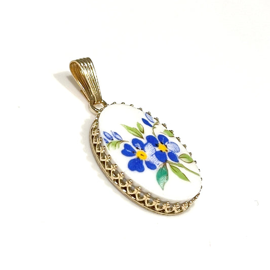 14K Gold Forget Me Not China Pendant, 20th Anniversary Gift for Wife, Broken China Jewelry, Unique 50th Anniversary Gifts for Women