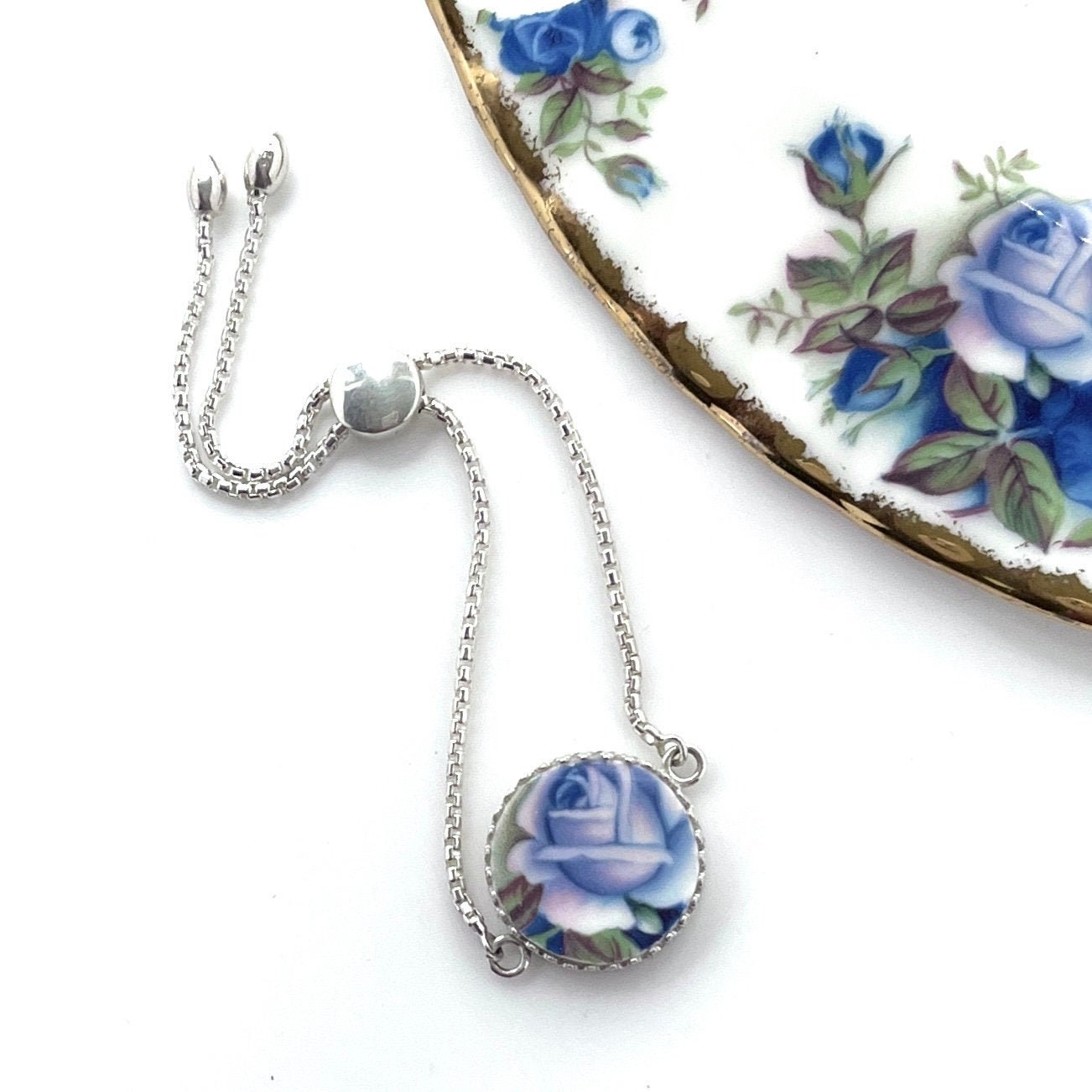 20th Anniversary Gifts for Wife, Royal Albert Moonlight Rose, Sterling Silver Adjustable Bracelet, Broken China Jewelry, Keepsake Gifts