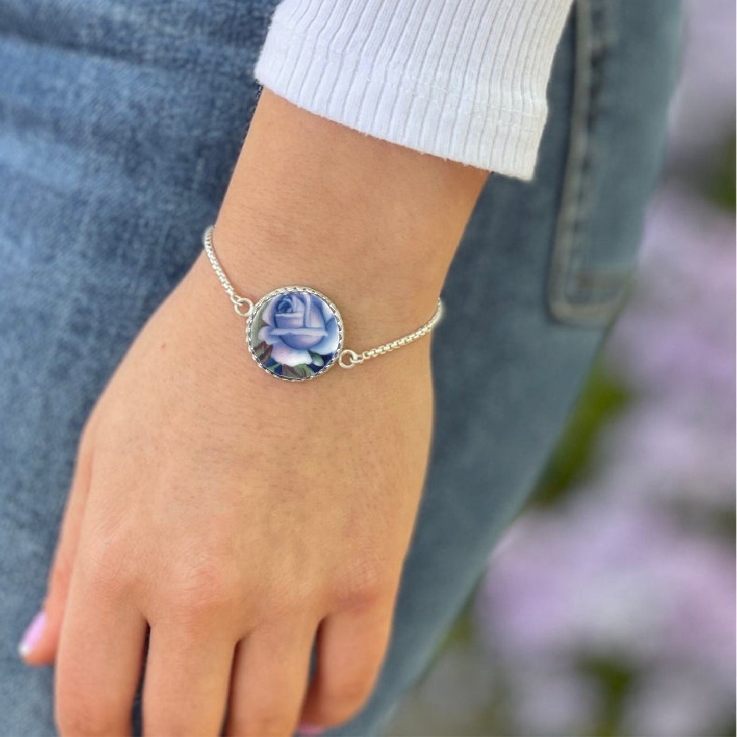 20th Anniversary Gifts for Wife, Royal Albert Moonlight Rose, Sterling Silver Adjustable Bracelet, Broken China Jewelry, Keepsake Gifts