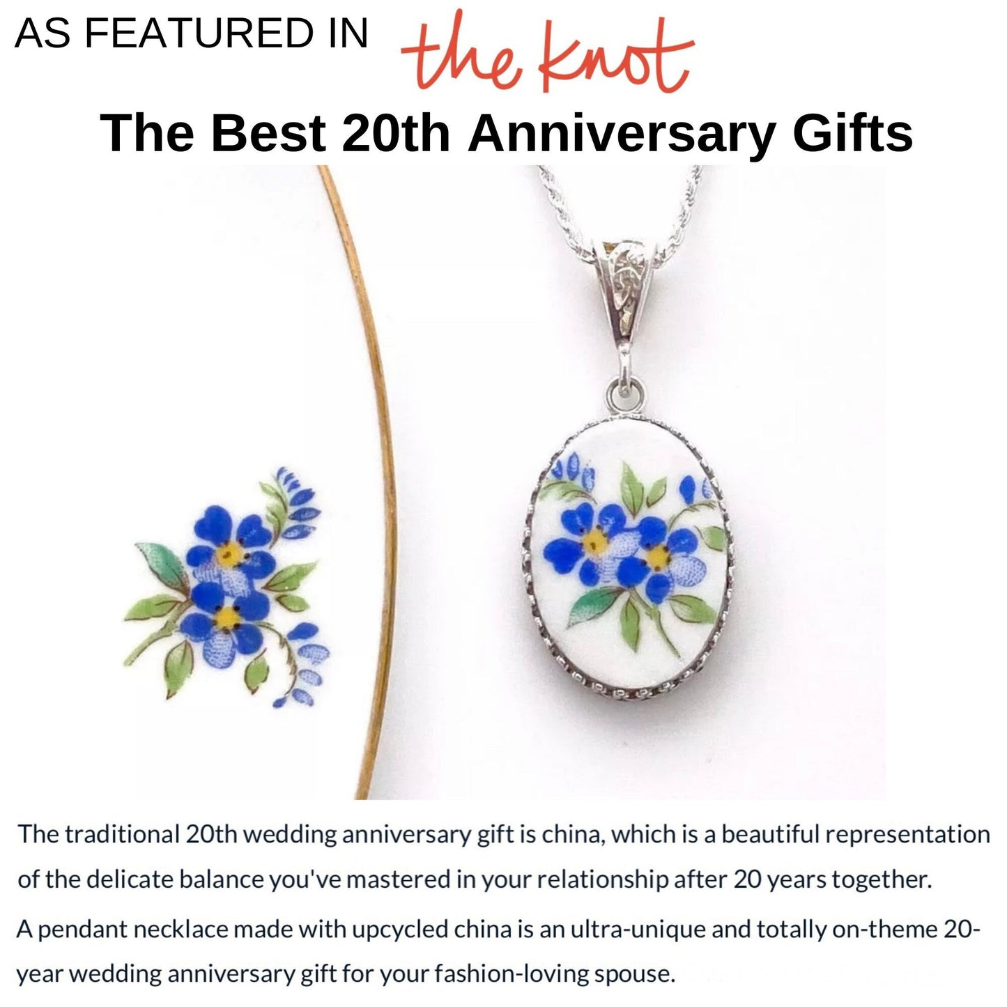 Broken China Jewelry, Forget Me Not Flower Necklace, Vintage China Necklace, 20th Anniversary Gift for Wife, Repurposed Jewelry