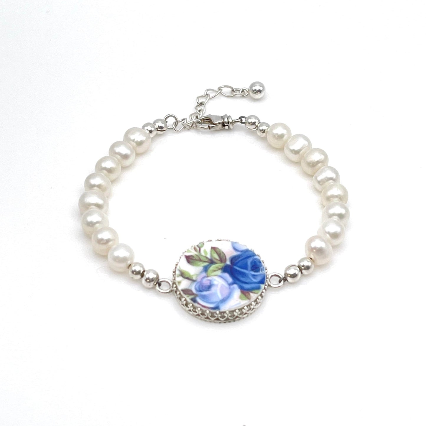 Freshwater Pearl Blue Rose Bracelet, Royal Albert Moonlight Rose Broken China Jewelry, 18th and 20th Wedding Anniversary Gift for Wife