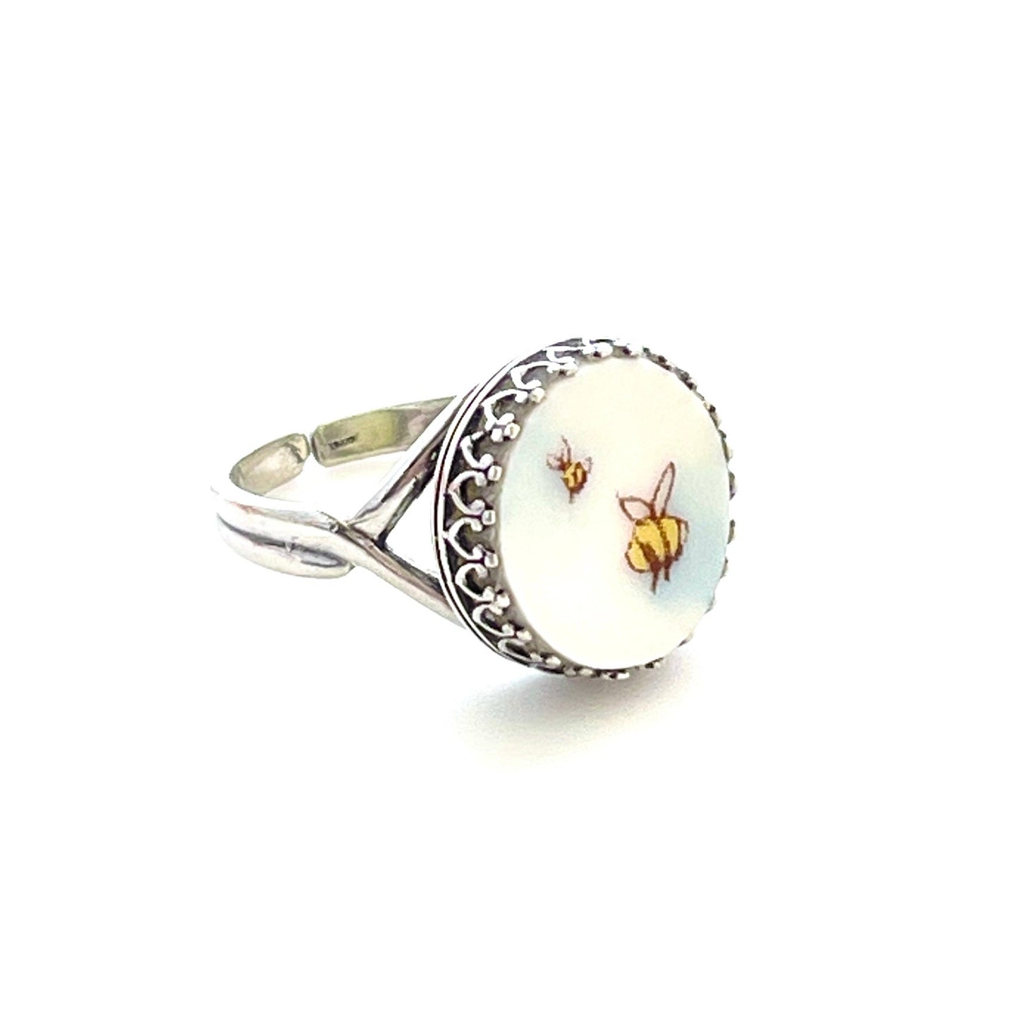 Honey Bee Ring, Insect Jewelry, Dainty Sterling Silver Ring, Bumble Bee Broken China Jewelry, Unique Gifts for Women