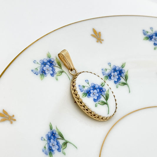 14k Forget Me Not Solid Gold Pendant, Broken China Jewelry 50th and 20th Anniversary Gift for Wife, Artisan Jewelry Mothers Day Gift for Mom