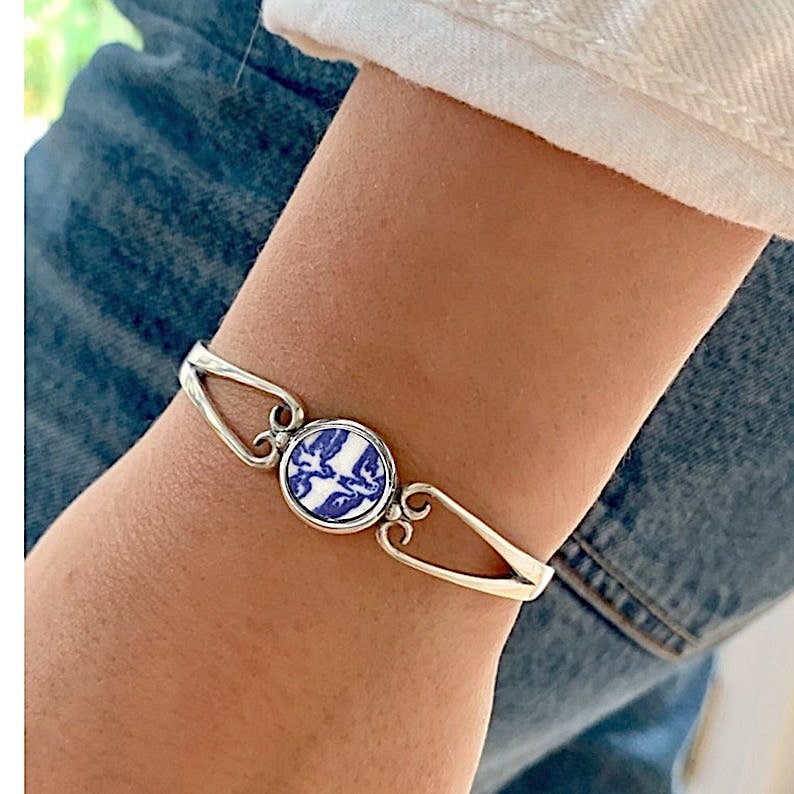 Vintage Blue Willow Broken China Bracelet Love Birds 20th Anniversary Gift for Wife