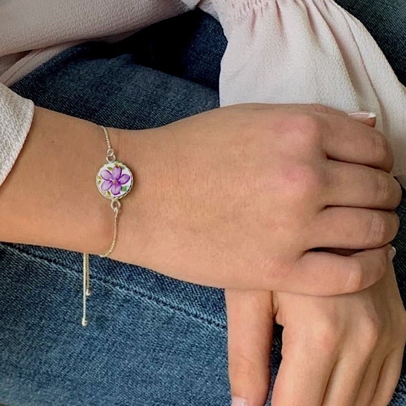 Dainty Adjustable Sterling Silver Bracelet, Vintage Purple Violet China, Broken China Jewelry, Unique Handmade Jewelry Gifts for Women