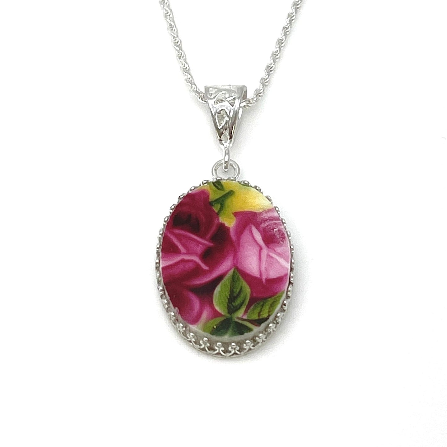 Royal Albert Broken China Jewelry, 20th Anniversary Gift for Wife, Sterling Silver Necklace, Old Country Roses Jewelry
