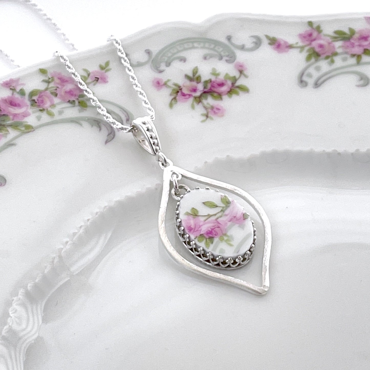 CUSTOM ORDER Teardrop Open Oval Necklace, Custom Broken China Jewelry, Sister Mom Gift, Memorial Jewelry, Family Gift, Made From Your China