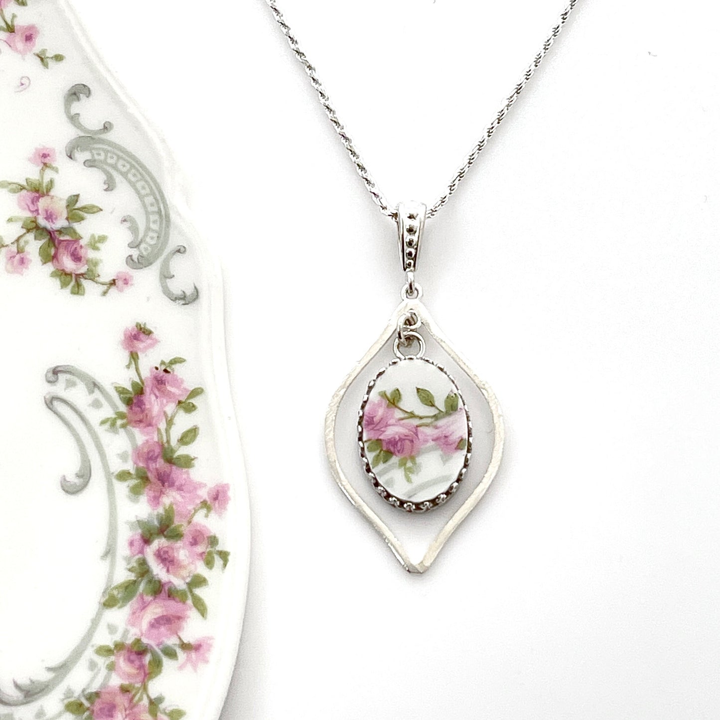 CUSTOM ORDER Teardrop Open Oval Necklace, Custom Broken China Jewelry, Sister Mom Gift, Memorial Jewelry, Family Gift, Made From Your China