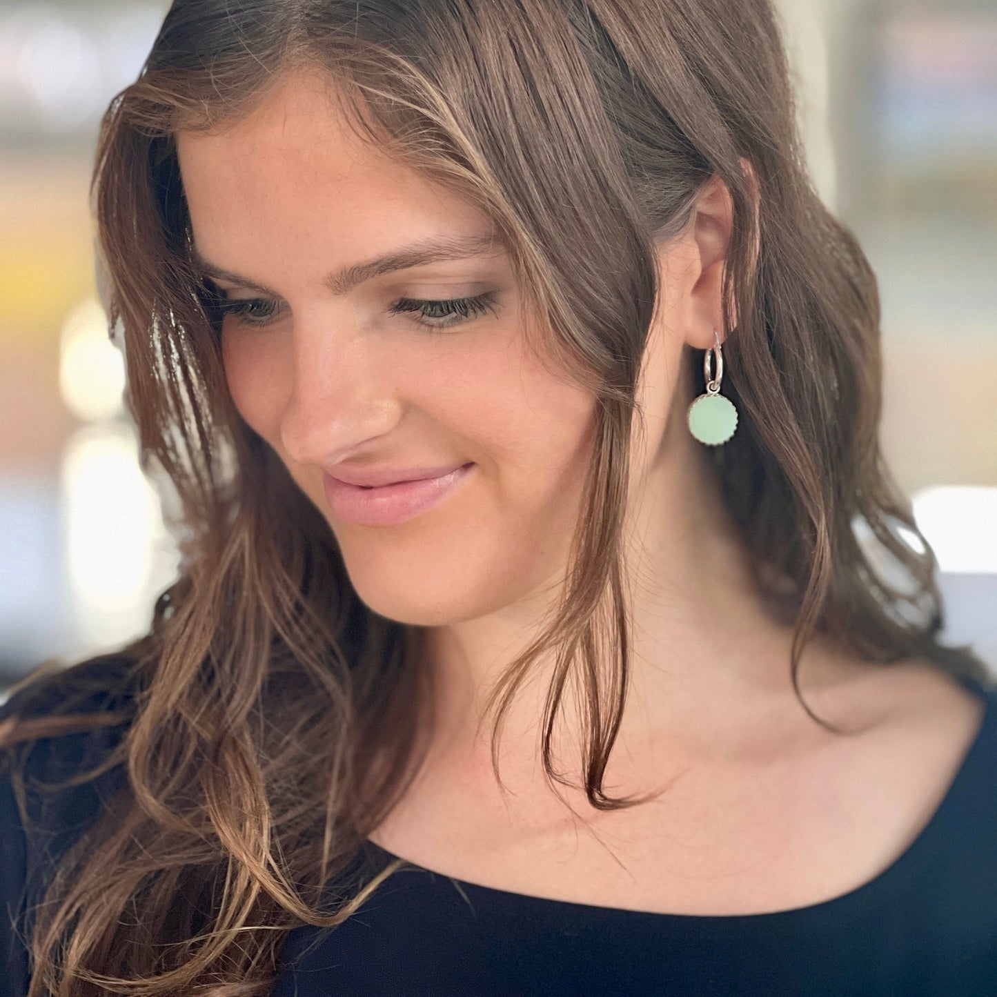 Fire King Jadeite Dangle Earrings, Unique Gifts for Wife, Broken China Jewelry, Sterling Silver Hoops