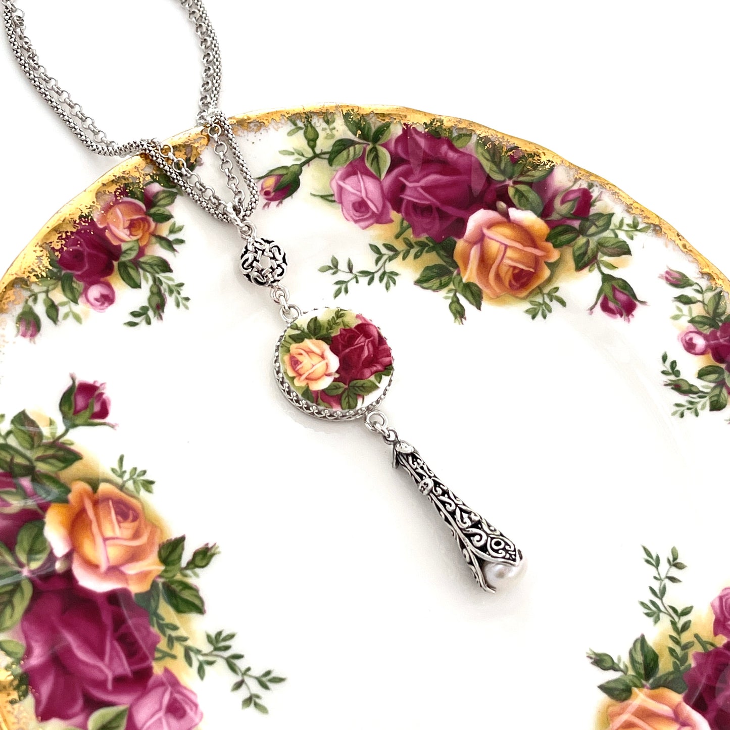 Royal Albert Old Country Roses China Necklace, Broken China Jewelry, Unique 20th Anniversary Gifts for Wife, Victorian Silver Pearl Necklace