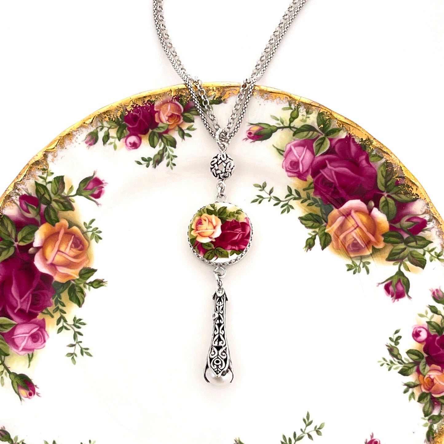 Royal Albert Old Country Roses China Necklace, Broken China Jewelry, Unique 20th Anniversary Gifts for Wife, Victorian Silver Pearl Necklace