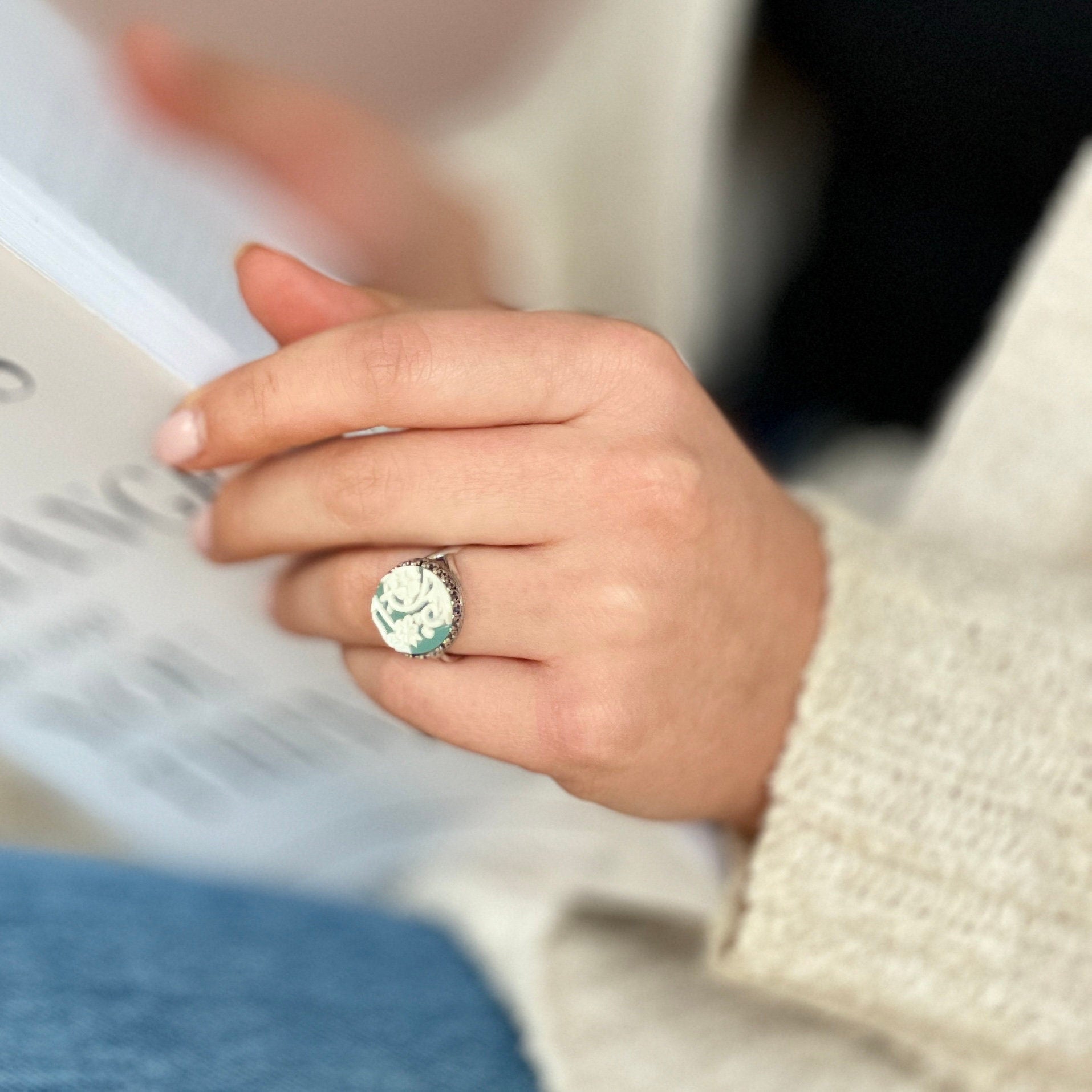 Adjustable Vintage Wedgwood Ring, Broken China Jewelry, Teal Jasperware, Victorian Jewelry, Unique Gifts for Women