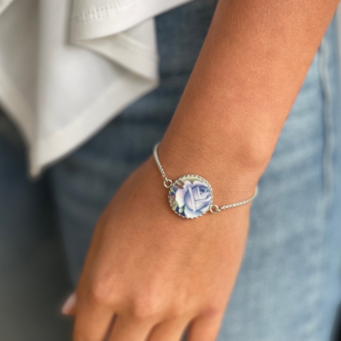 20th Anniversary Gifts for Wife, Royal Albert Moonlight Rose, Sterling Silver Adjustable Bracelet, Broken China Jewelry, Keepsake Gifts