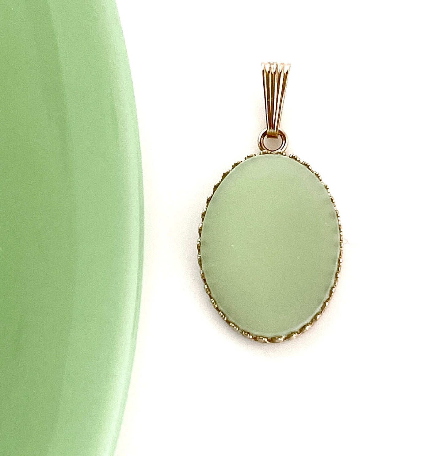 14k Fire King Jadeite Pendant, Solid Gold Jewelry, Unique Anniversary Gift for Wife, Vintage Depression Glass, Mothers Day Gift for Mom