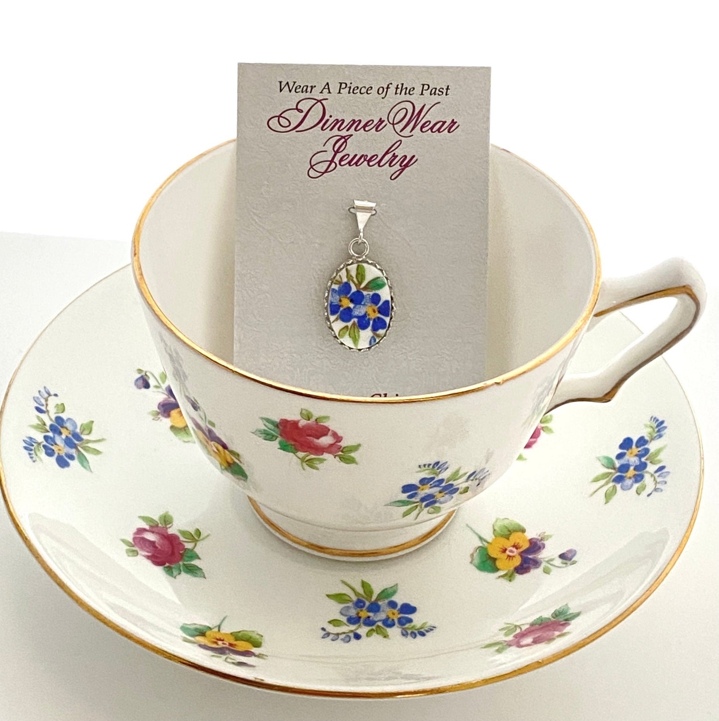 Forget Me Not Necklace, Broken China Jewelry, Handmade Jewelry, 20th Anniversary Gift for Wife, Unique Repurposed China Jewelry Gift