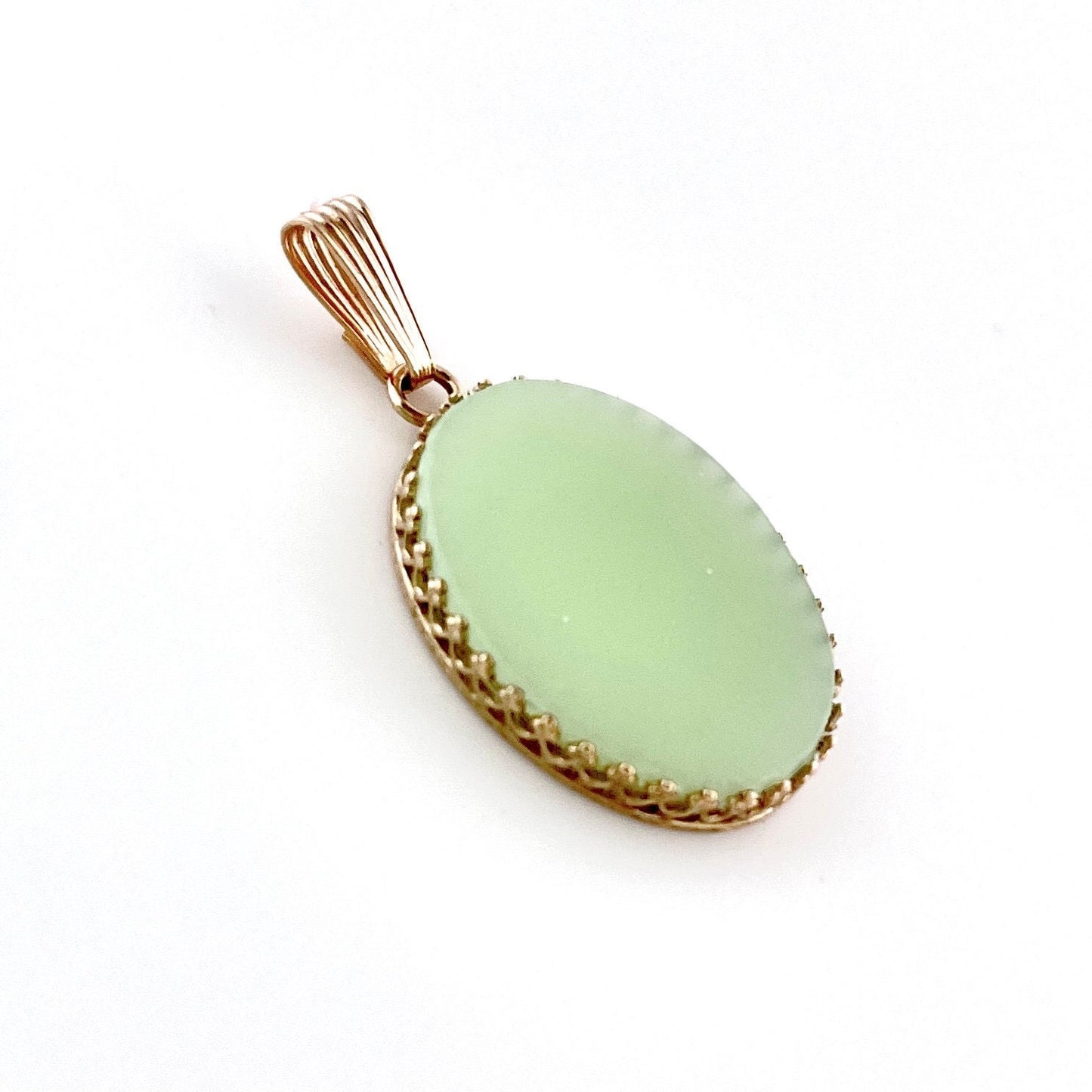14k Fire King Jadeite Pendant, Solid Gold Jewelry, Unique Anniversary Gift for Wife, Vintage Depression Glass, Mothers Day Gift for Mom