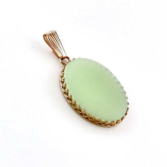 14k Fire King Jadeite Pendant, Solid Gold Jewelry, Unique Anniversary Gift for Wife, Vintage Depression Glass, Mothers Day Gift for Mom