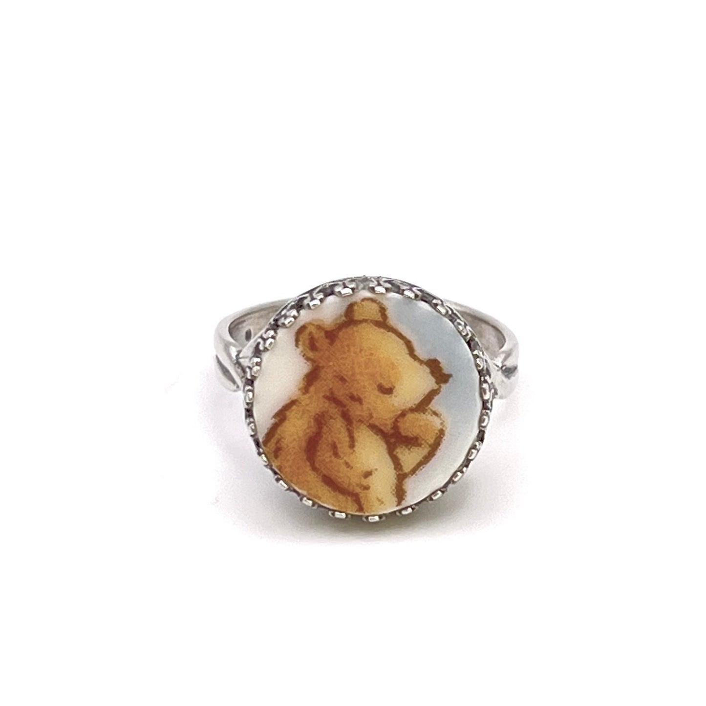 Winnie the Pooh Silver Ring, Vintage Pooh Bear Jewelry, Broken China Jewelry, Adjustable Ring, Unique Gifts