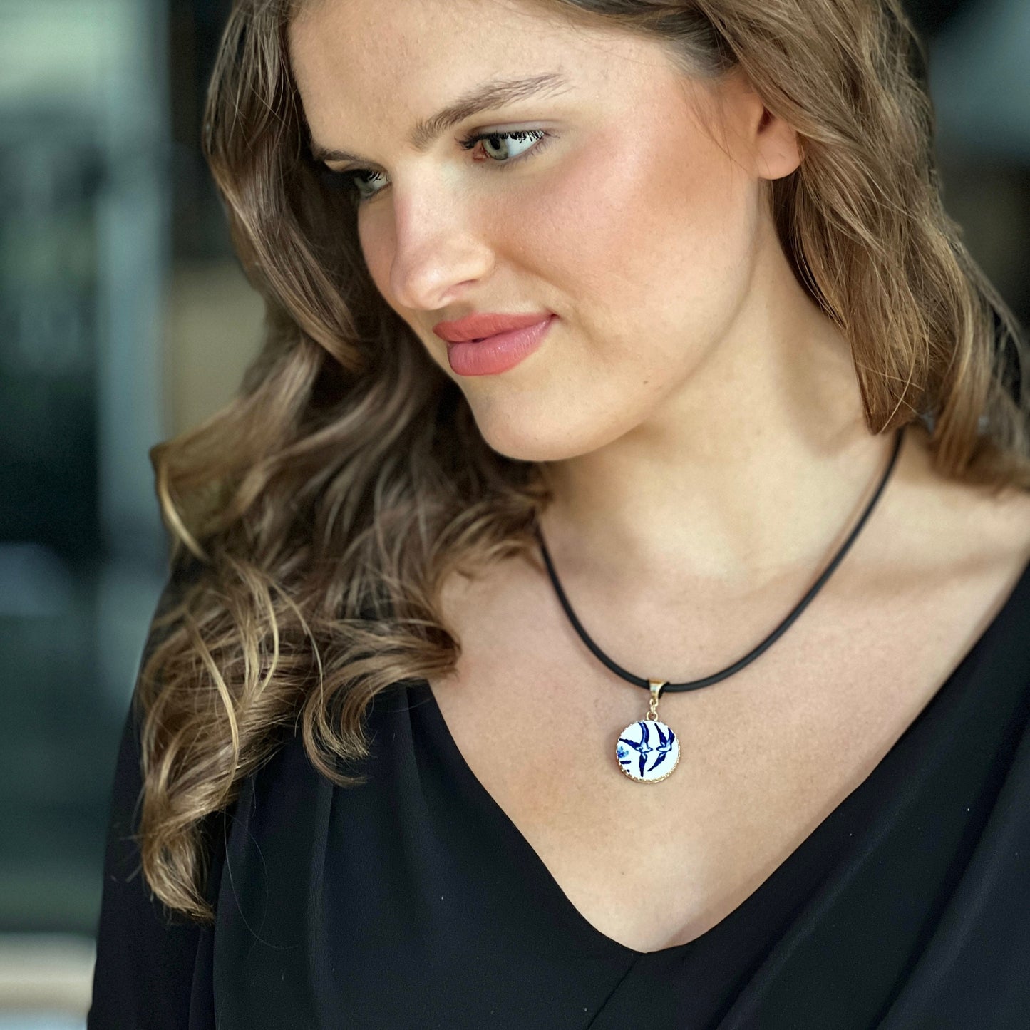 14k Gold Love Birds China Necklace, Vintage Blue Willow Ware Broken China Jewelry, Romantic 20th Wedding Anniversary Gift for Wife