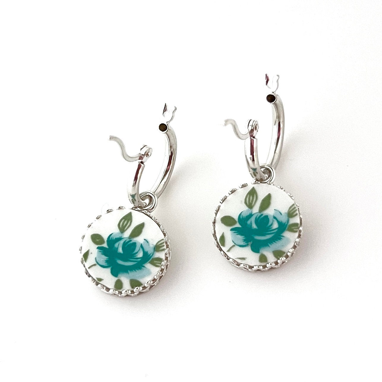 Aqua Blue Rose Earrings, Broken China Jewelry, Dainty Sterling Silver Hoop Earrings, 20th Wedding Anniversary Gift for Wife, Unique Jewelry