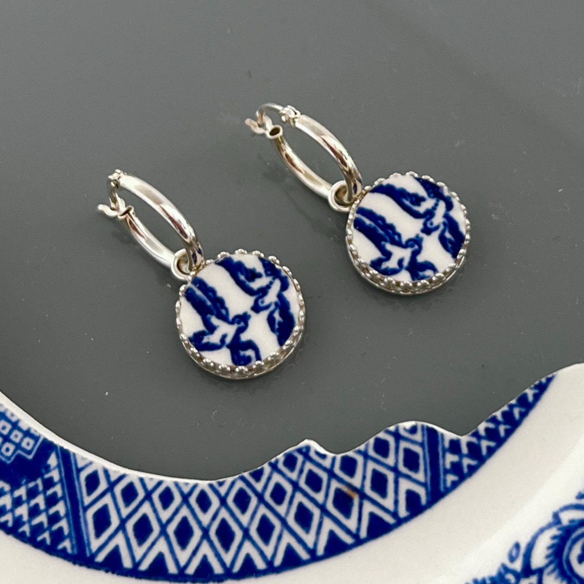 Romantic Love Birds Blue Willow Hoop Earrings
