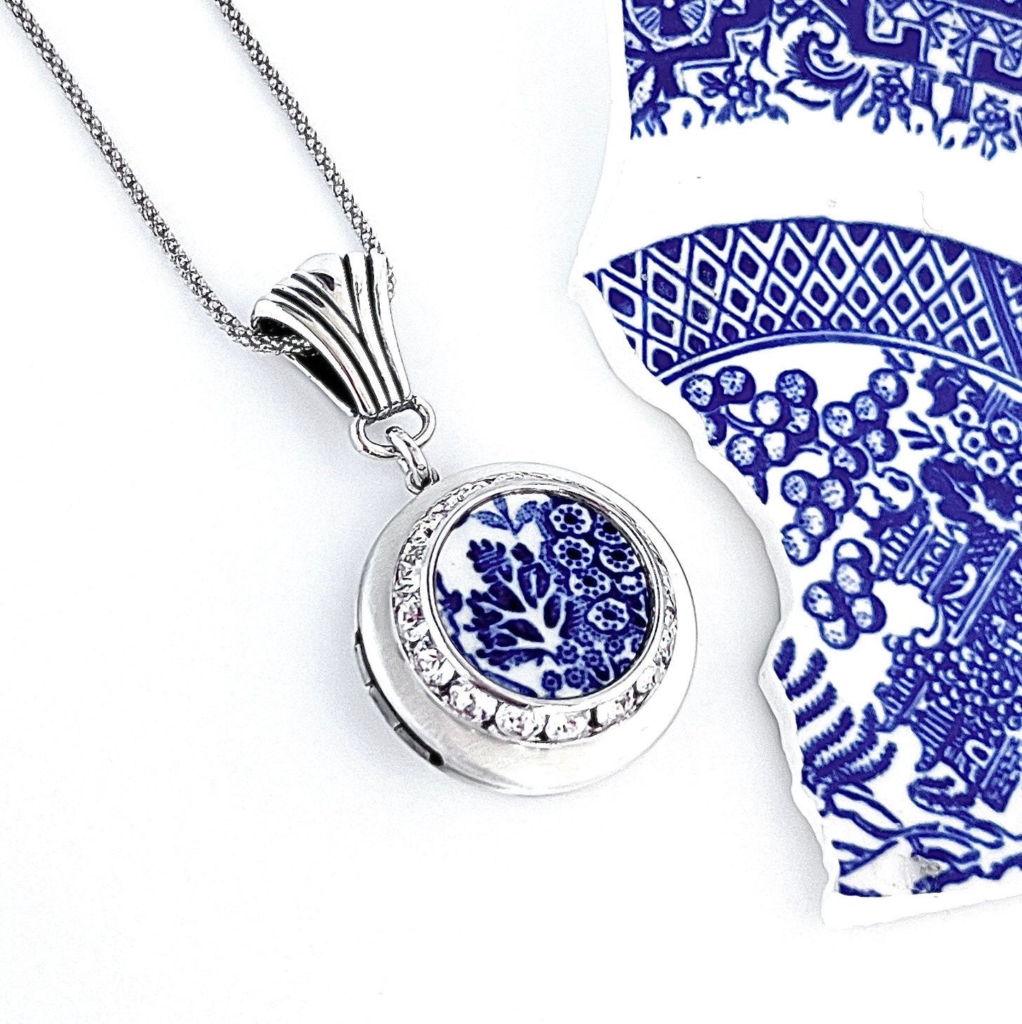 Blue Willow 9th or 20th Anniversary Gifts for Wife, Round Silver Photo Locket Necklace, Broken China Crystal Jewelry, Unique Gifts for Women