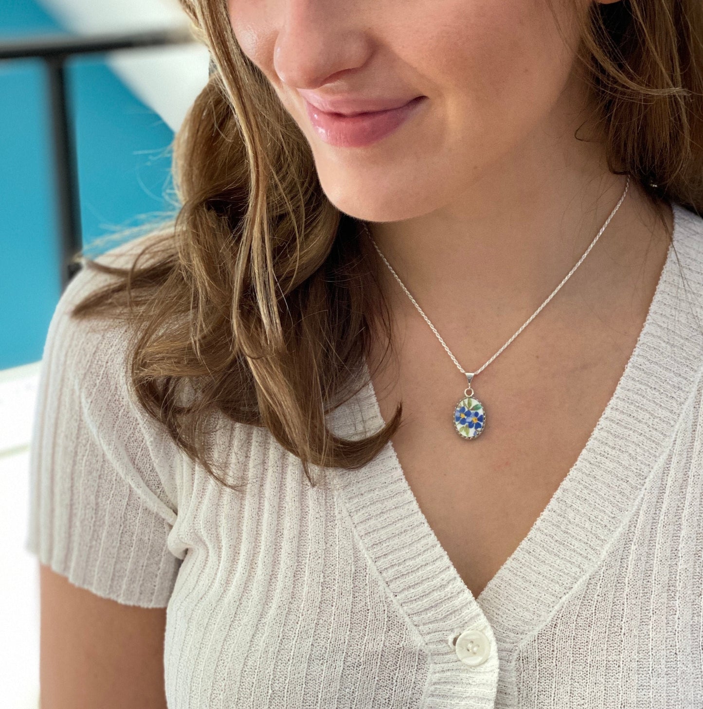 Forget Me Not Necklace, Broken China Jewelry, Handmade Jewelry, 20th Anniversary Gift for Wife, Unique Repurposed China Jewelry Gift