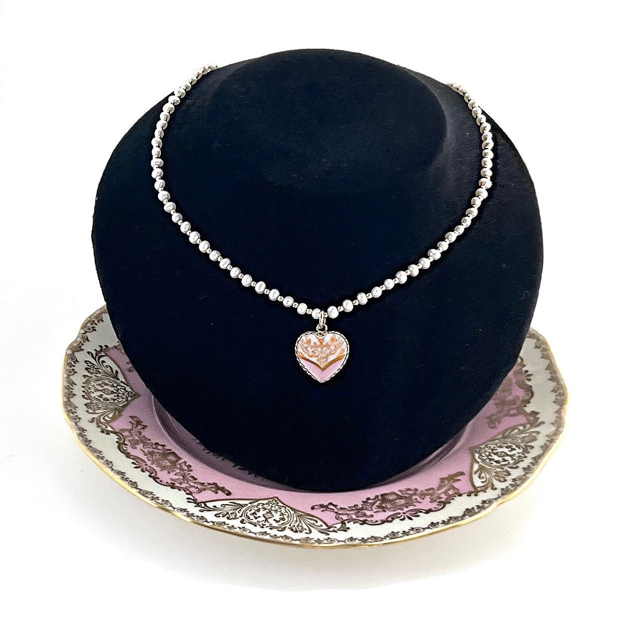 Adjustable 14k Solid Gold Heart Pendant or Necklace, Pearl Broken China Jewelry, Unique 20th Anniversary Gift for Women, Victorian Necklace
