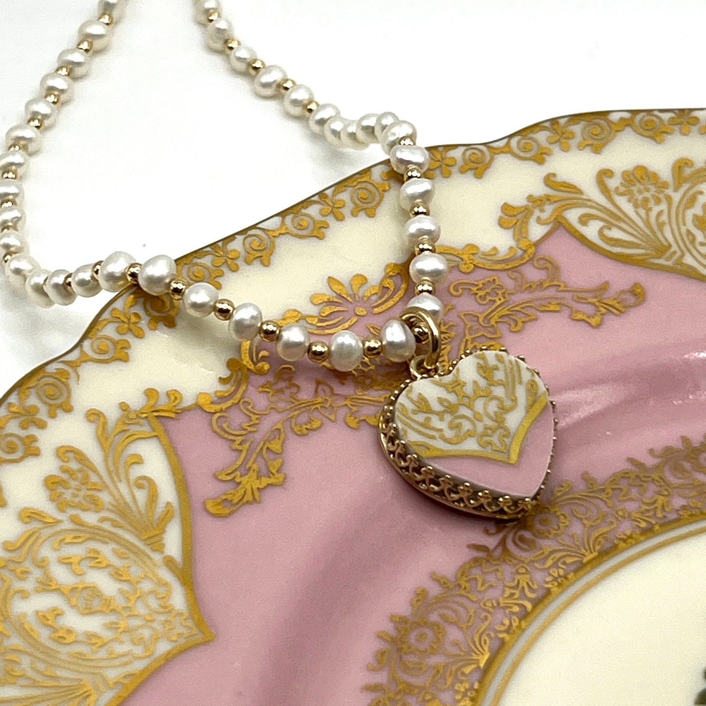 Adjustable 14k Solid Gold Heart Pendant or Necklace, Pearl Broken China Jewelry, Unique 20th Anniversary Gift for Women, Victorian Necklace