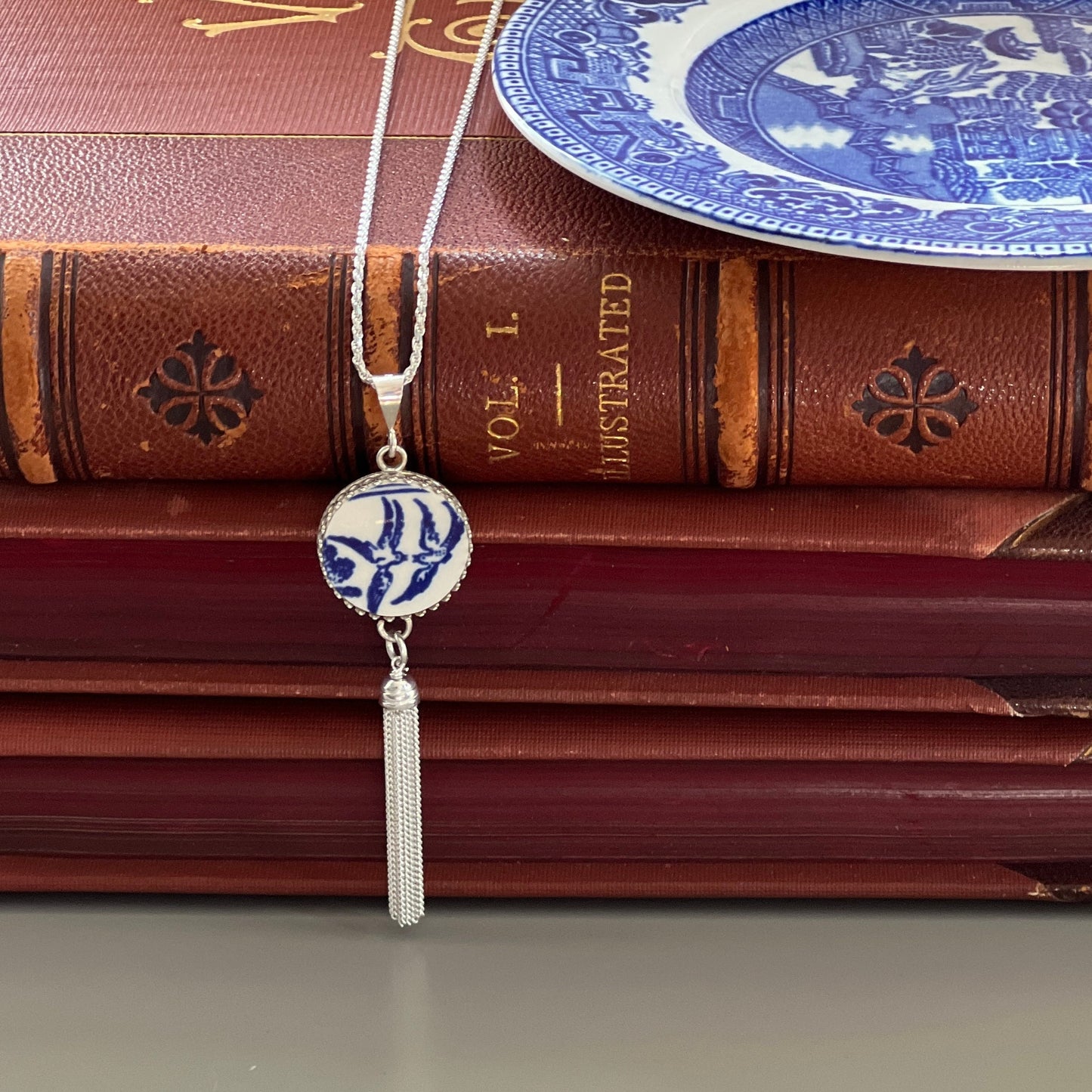 Blue Willow Love Birds Necklace, Unique 20th Anniversary Gift for Wife, Broken China Jewelry, Silver Tassel Necklace, Gifts for Women