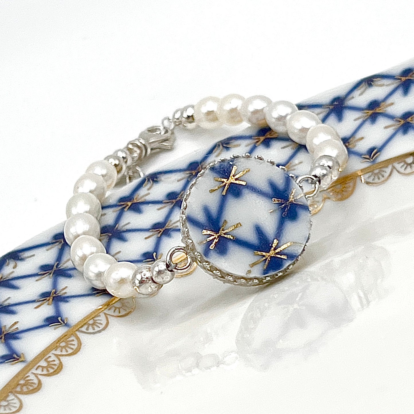 Lomonosov Cobalt Net Pearl Bracelet, Porcelain Broken China Jewelry, 18th and 20th Anniversary Gift for Wife, Handmade Artisan Jewelry