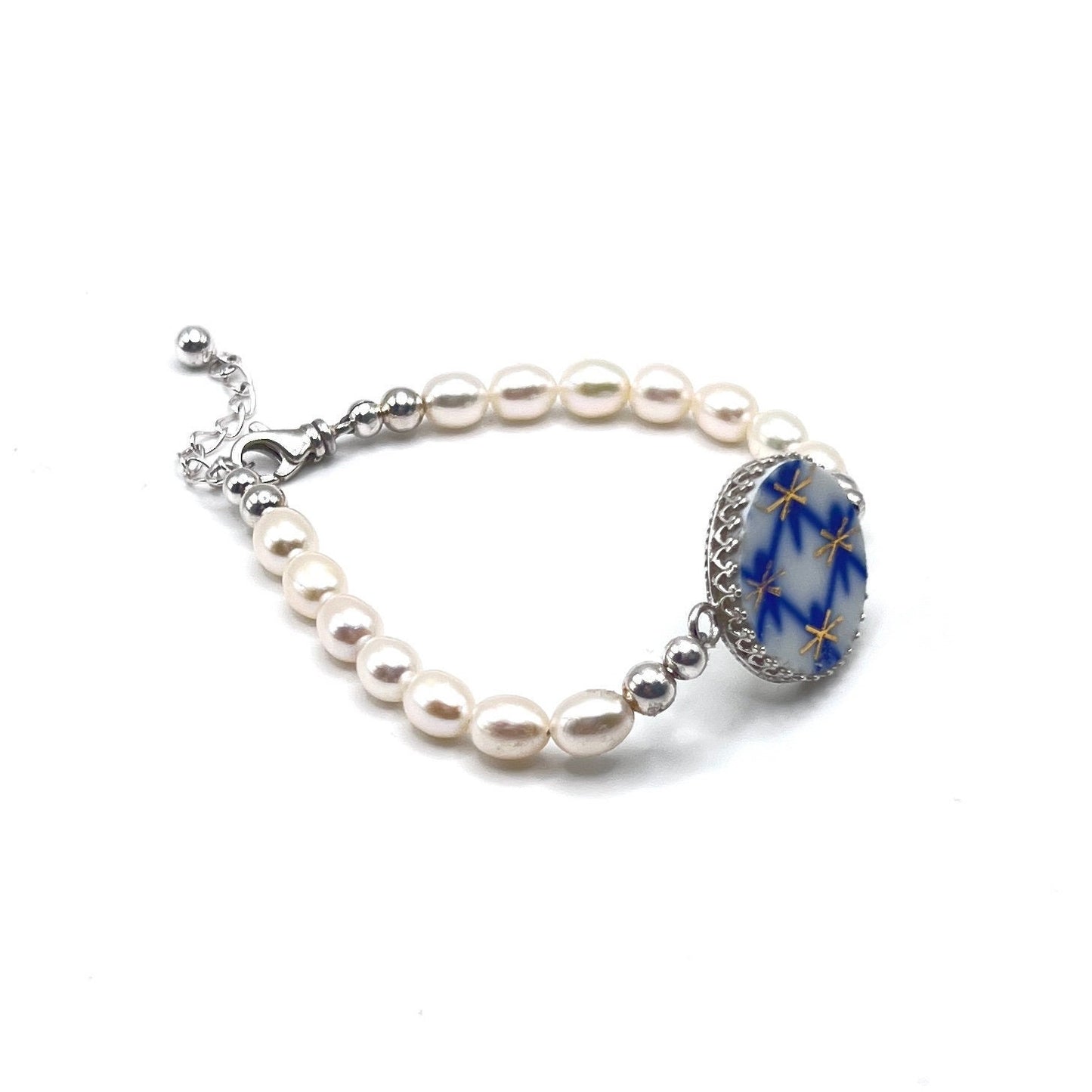 Lomonosov Cobalt Net Pearl Bracelet, Porcelain Broken China Jewelry, 18th and 20th Anniversary Gift for Wife, Handmade Artisan Jewelry
