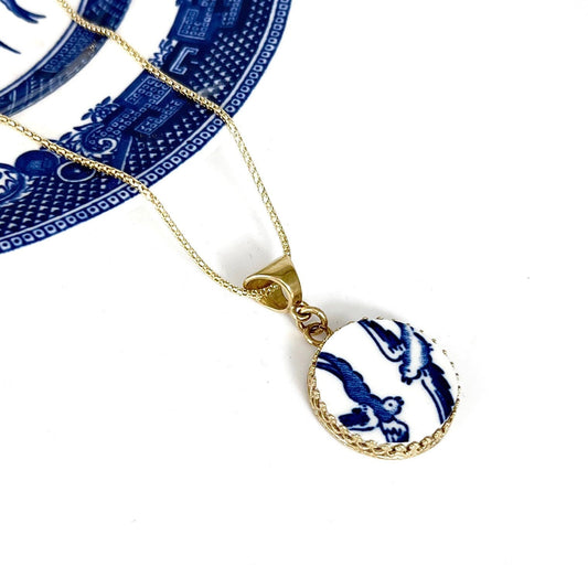14k Gold Love Birds China Necklace, Romantic 20th Wedding Anniversary Gift for Wife, Solid Gold, Vintage Blue Willow Broken China Jewelry
