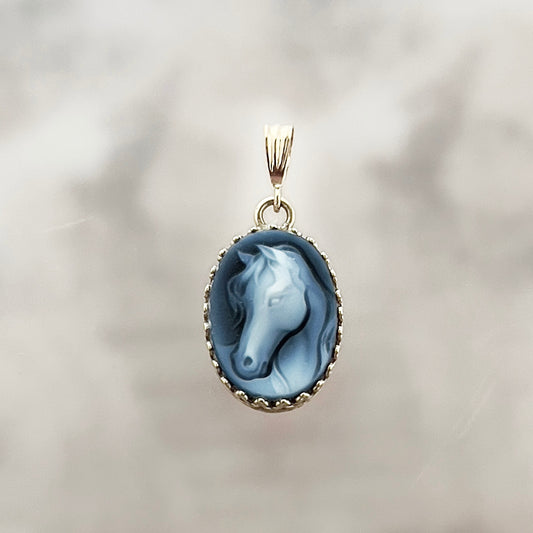 14k Gold Horse Cameo Pendant or Necklace, Authentic Blue Cameo from Europe, Unique Gifts for Women, Gold Equine Jewelry Gift for Horse Lover