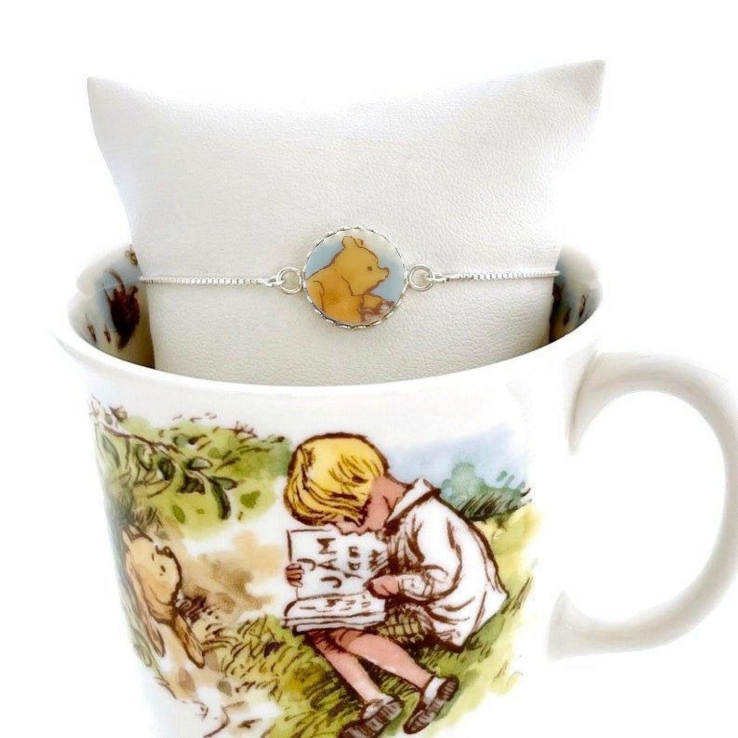 Winnie the Pooh Bracelet, Vintage Broken China Jewelry, Sterling Silver Adjustable Bolo Bracelet, 20th Wedding Anniversary Gifts for Wife