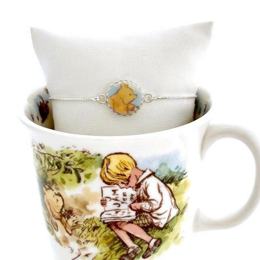 Winnie the Pooh Bracelet, Vintage Broken China Jewelry, Sterling Silver Adjustable Bolo Bracelet, 20th Wedding Anniversary Gifts for Wife